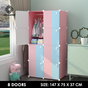 Organono DIY 6-12 Doors Blue & Pink Wardrobe Organizer Stackable Cabinet with Hanging Pole