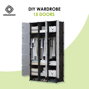 Organono DIY 15 Doors Wardrobe Organizer Stackable Cabinet with Hanging Pole & Shoe Rack