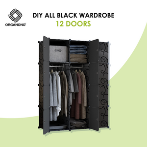 Organono DIY 6-16 Doors ALL BLACK Wardrobe Stackable Cabinet with Hanger Pole & Shoe Rack