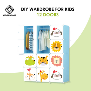 Organono DIY 6-12 Doors Kids ANIMAL PARTY LIGHT BLUE Wardrobe Organizer Stackable Cabinet with Hanging Pole & Shoe Rack