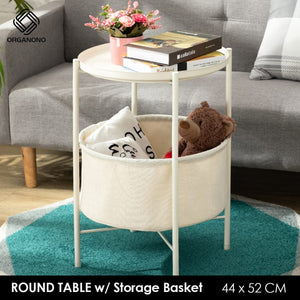 Organono Round Table with Detachable Tray Top & Fabric Storage Basket
