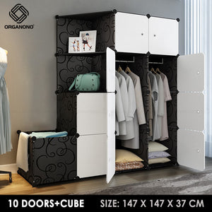Organono DIY 7-22 WHITE DOORS BLACK Wardrobe Stackable Cabinet with Corner Shelf