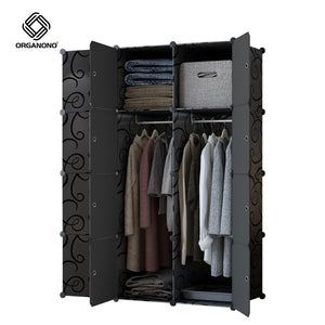 Organono DIY 6-16 Doors ALL BLACK Wardrobe Stackable Cabinet with Hanger Pole & Shoe Rack