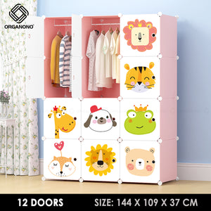 Organono DIY 4-20 Doors Kids ANIMAL PARTY PINK Wardrobe Organizer Stackable Cabinet with Hanging Pole & Shoe Rack
