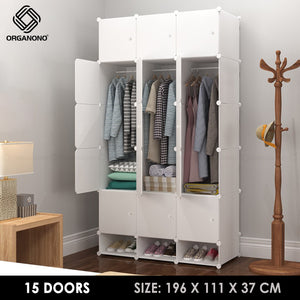 Organono DIY 6-25 Doors ALL WHITE Wardrobe Stackable Cabinet with Hanger Pole and Shoe Rack