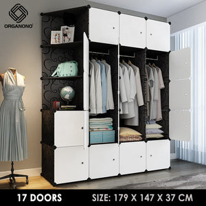 Organono DIY 7-22 WHITE DOORS BLACK Wardrobe Stackable Cabinet with Corner Shelf