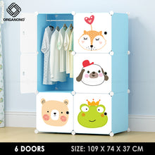 Load image into Gallery viewer, Organono DIY 6-12 Doors Kids ANIMAL PARTY LIGHT BLUE Wardrobe Organizer Stackable Cabinet with Hanging Pole &amp; Shoe Rack
