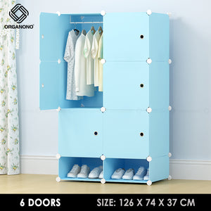Organono DIY 6-20 Doors Multipurpose ALL BLUE Wardrobe Organizer Stackable Cabinet with Hanging Pole & Shoe Rack