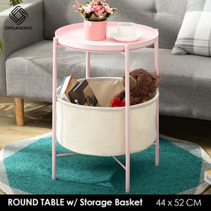 Organono Round Table with Detachable Tray Top & Fabric Storage Basket