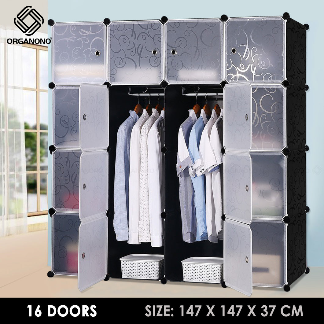 Organono DIY 16 Doors Wardrobe Organizer Stackable Cabinet with Hanging Pole & Shoe Rack