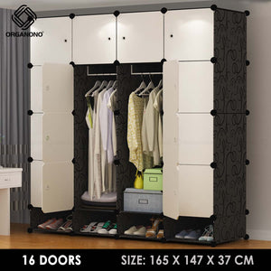 Organono DIY 16 Doors Wardrobe Organizer Stackable Cabinet with Hanging Pole & Shoe Rack