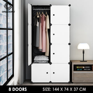 Organono DIY 8 Doors Wardrobe Organizer Stackable Cabinet with Hanging Pole & Shoe Rack