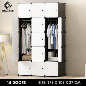 Organono DIY 15 Doors Wardrobe Organizer Stackable Cabinet with Hanging Pole & Shoe Rack