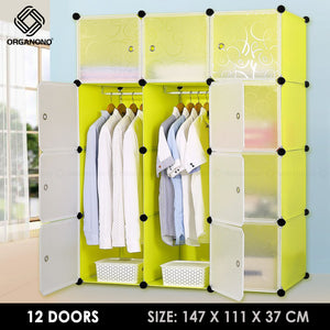 Organono DIY 12 Doors Wardrobe Organizer Stackable Cabinet with Hanging Pole & Shoe Rack