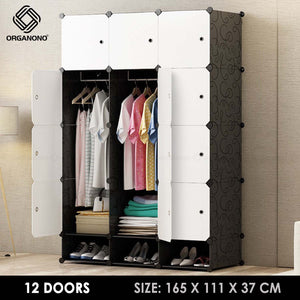 Organono DIY 12 Doors Wardrobe Organizer Stackable Cabinet with Hanging Pole & Shoe Rack