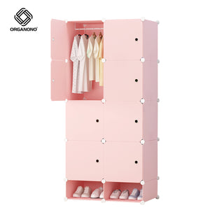 Organono DIY 6-16 Doors Multipurpose ALL PINK Wardrobe Organizer Stackable Cabinet with Hanging Pole & Shoe Rack