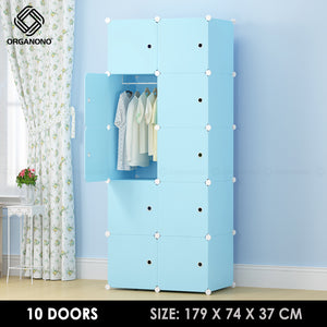 Organono DIY 6-20 Doors Multipurpose ALL BLUE Wardrobe Organizer Stackable Cabinet with Hanging Pole & Shoe Rack