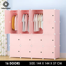 Load image into Gallery viewer, Organono DIY 6-16 Doors Multipurpose ALL PINK Wardrobe Organizer Stackable Cabinet with Hanging Pole &amp; Shoe Rack
