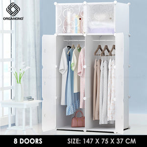 Organono DIY 8 Doors Wardrobe Organizer Stackable Cabinet with Hanging Pole & Shoe Rack